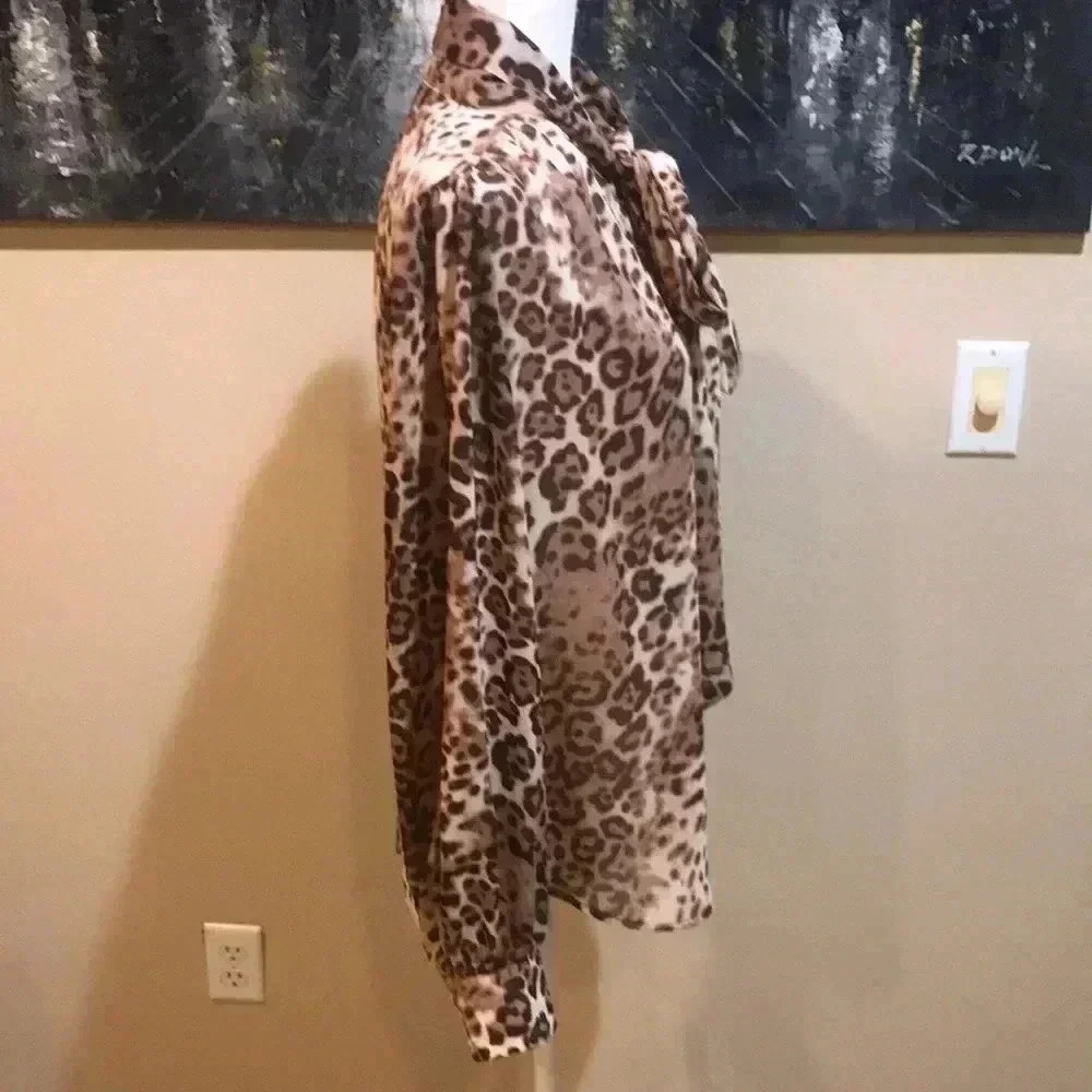 EVA MENDES Sheer Animal Long Sleeved Tie Neck Button Down Blouse-Size M - Picture 4 of 9